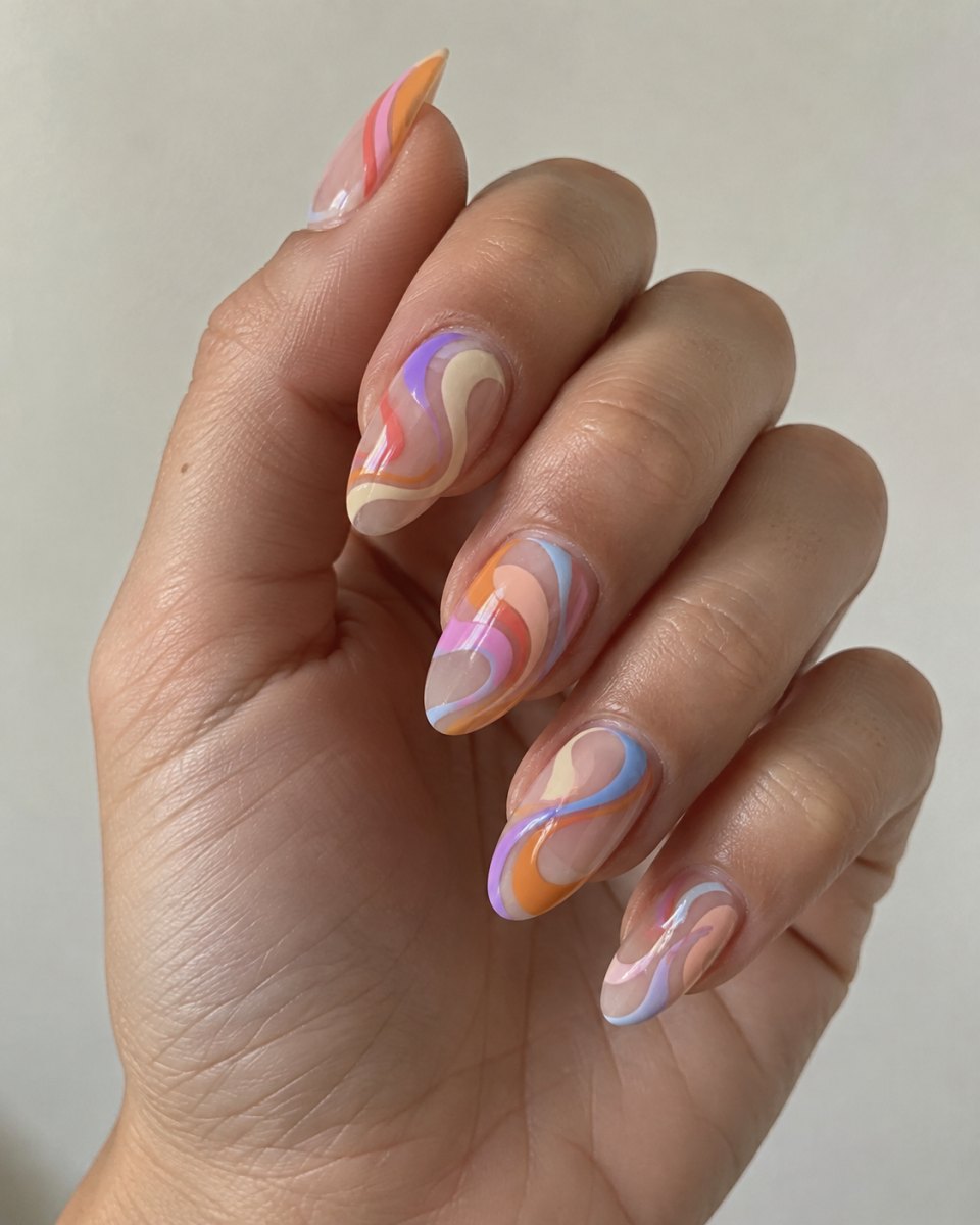 Abstract swirl design on almond nails