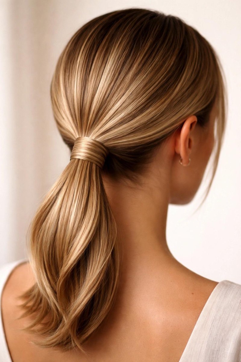 Ponytail finished with wrapped hair tie detail
