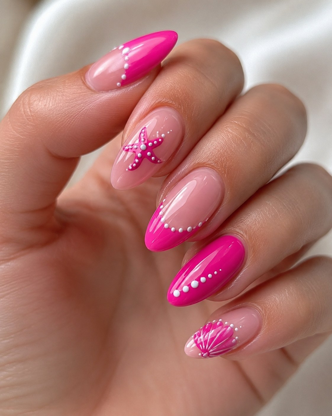 Hot pink almond nail ideas summer French tips with a starfish and white dot art
