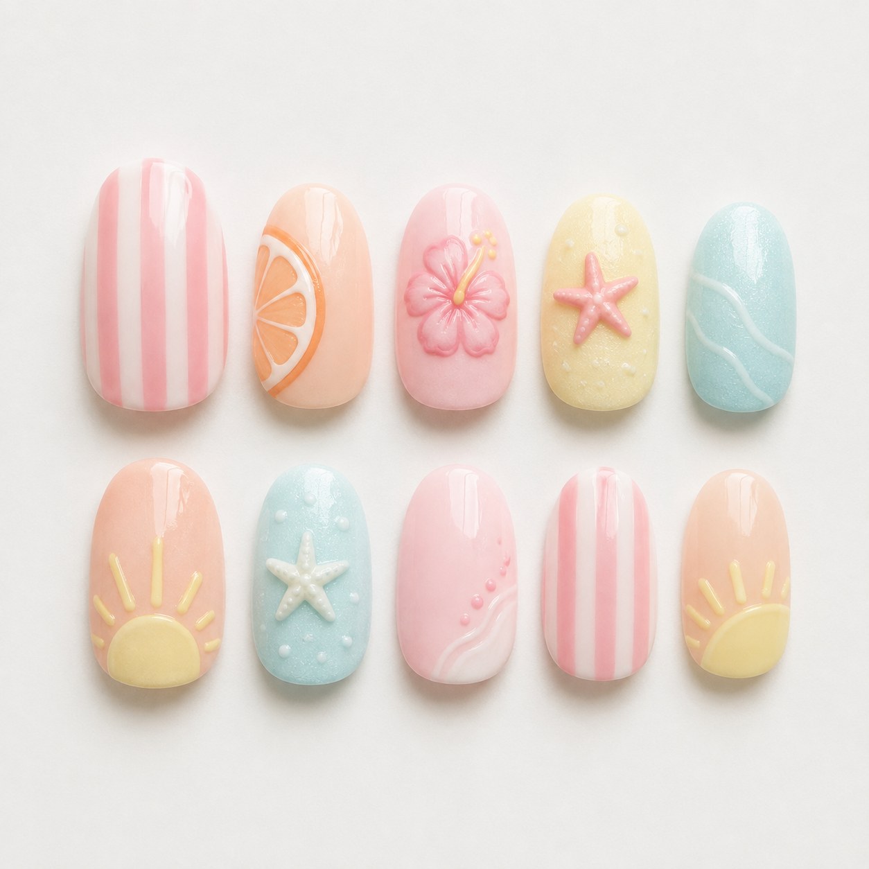 Set of pastel almond nail ideas summer press-ons with stripes, citrus and starfish prints