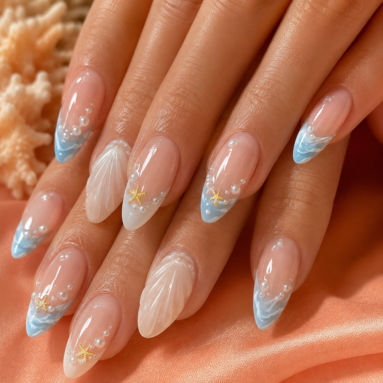 Sheer almond nail ideas summer mermaid design with blue waves, pearls and gold stars