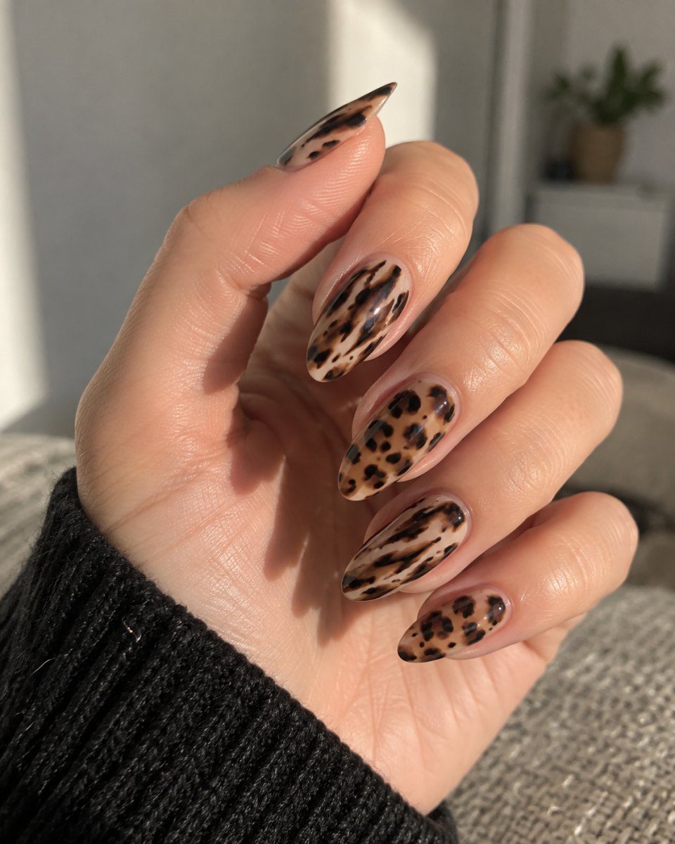 Animal print pattern on almond nails