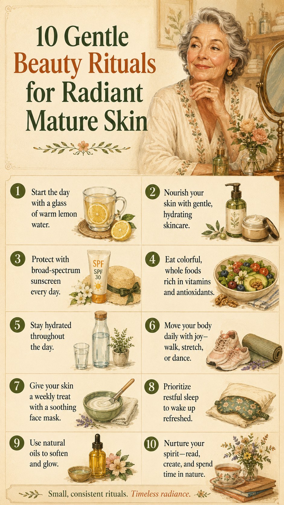 An illustrated guide to gentle daily beauty rituals that pair well with the best skincare products over 60