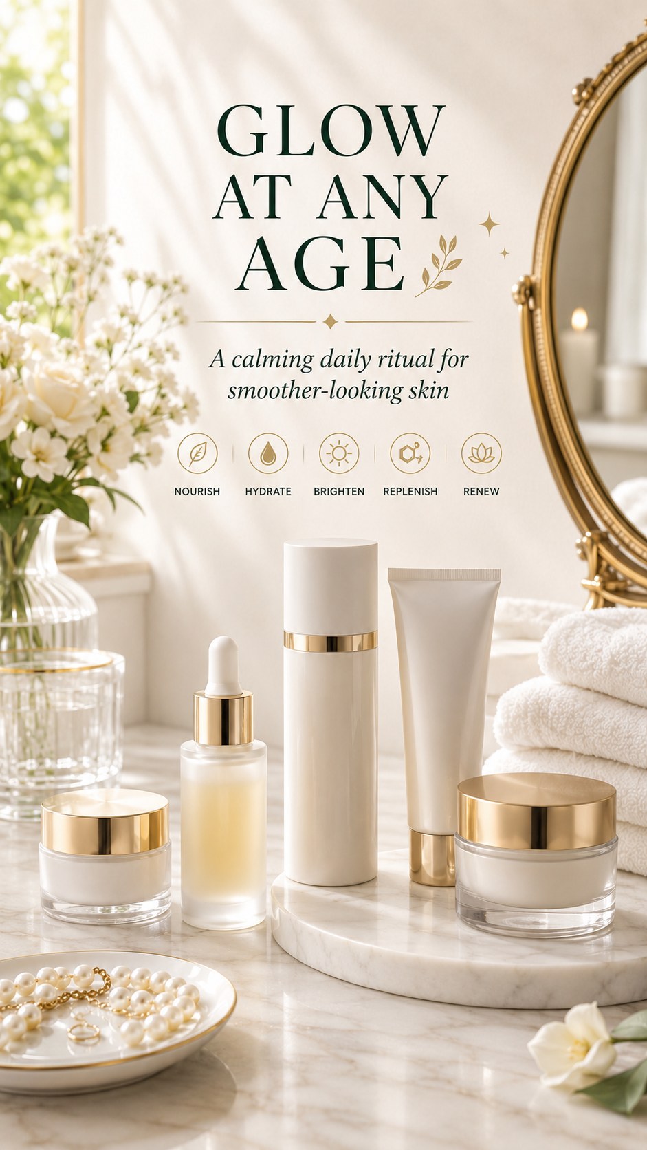 A full skincare set with serum, moisturizer and cream reflecting the best skincare products over 60