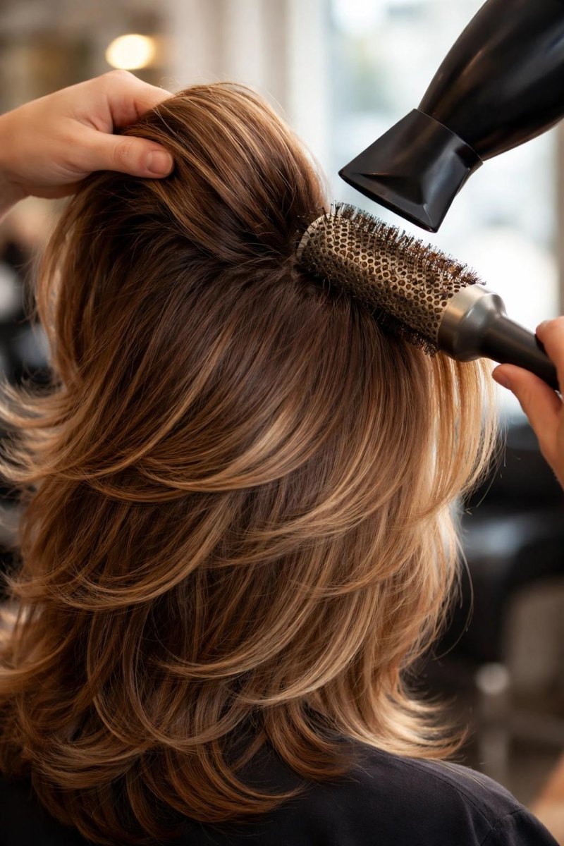 Round brush styled 90s blowout layers