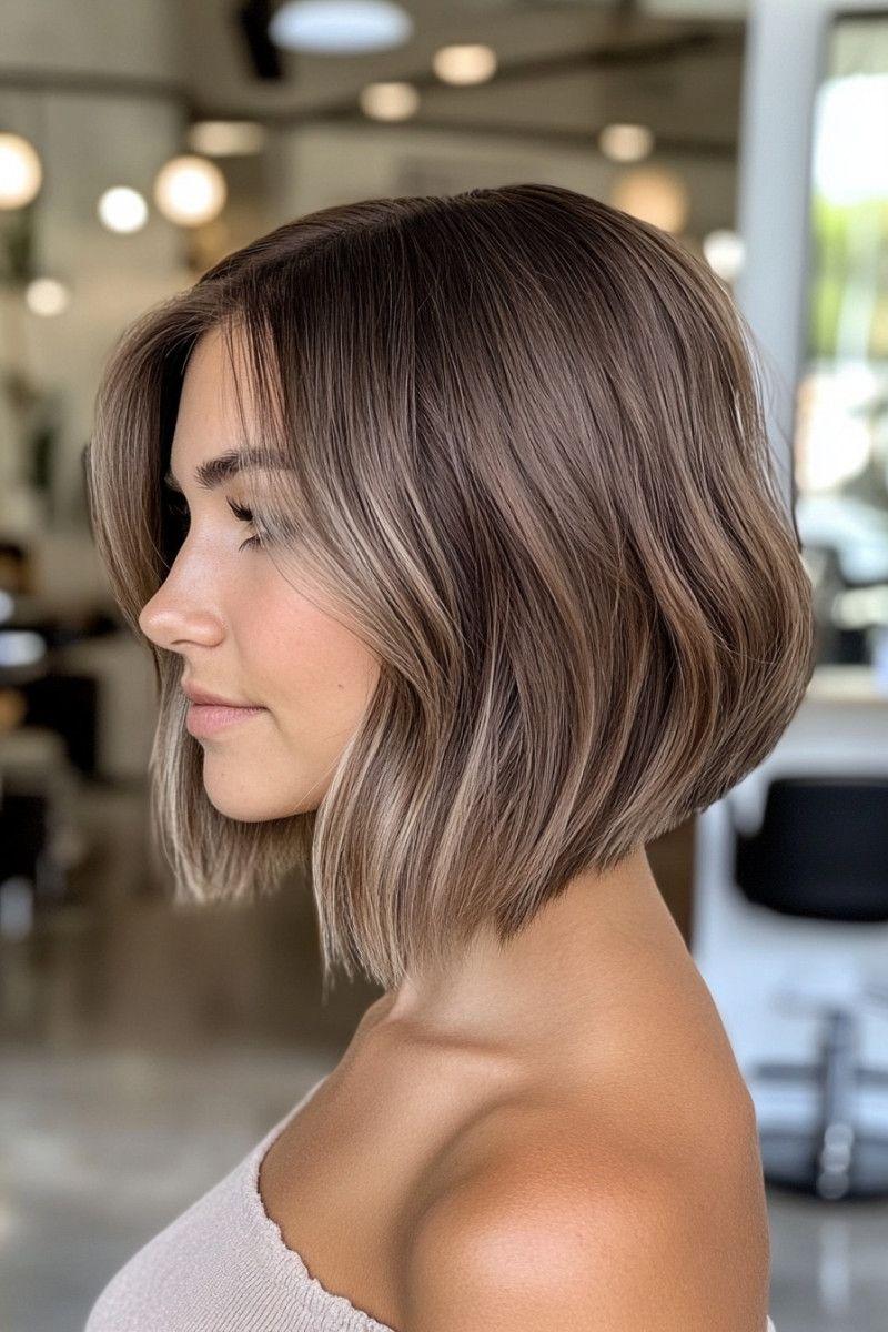 Brown French bob with light highlights