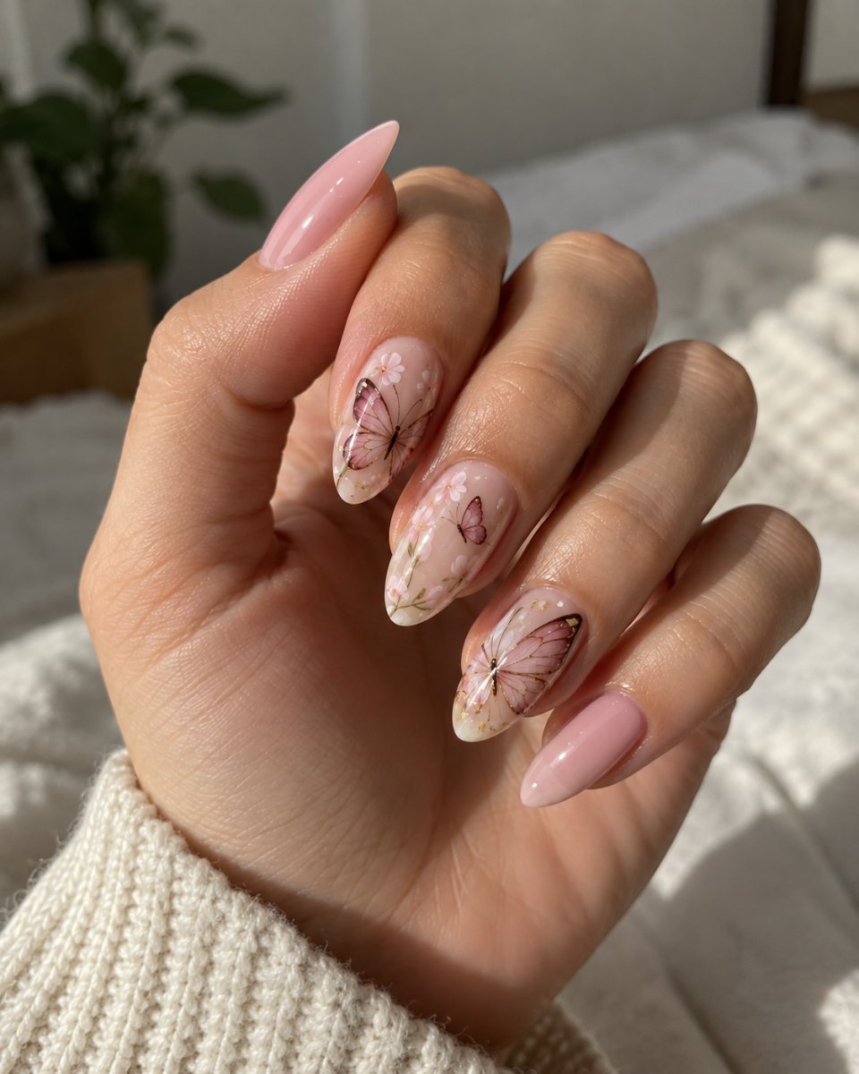 Butterfly accent almond nail art