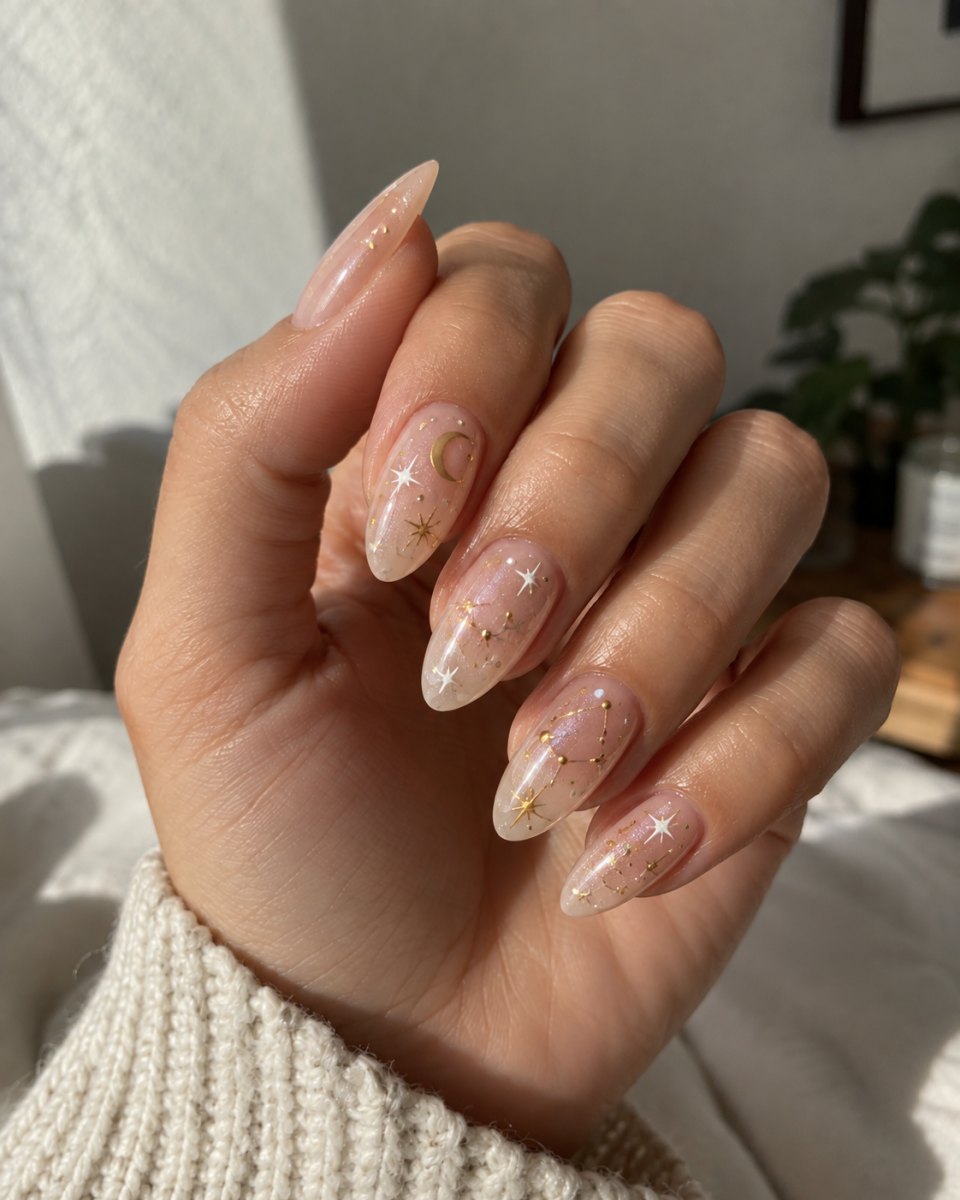 Celestial motifs on almond nails