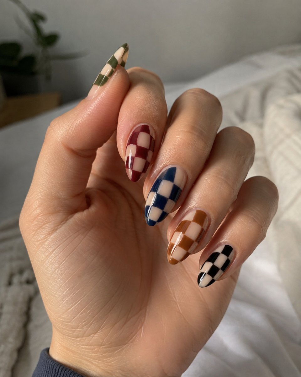 Checkerboard almond nail pattern