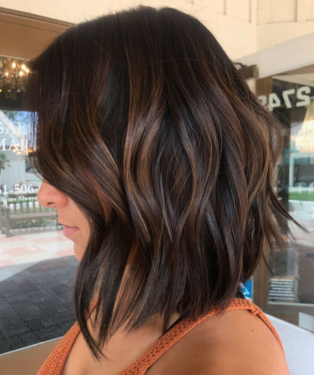 Dark brown bob with caramel highlights