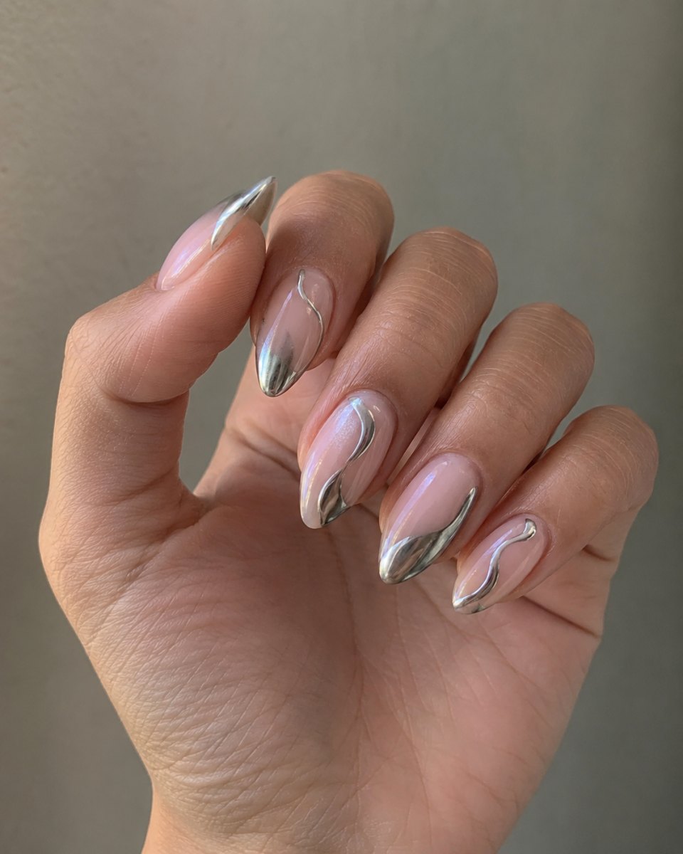 Chrome detail on almond manicure