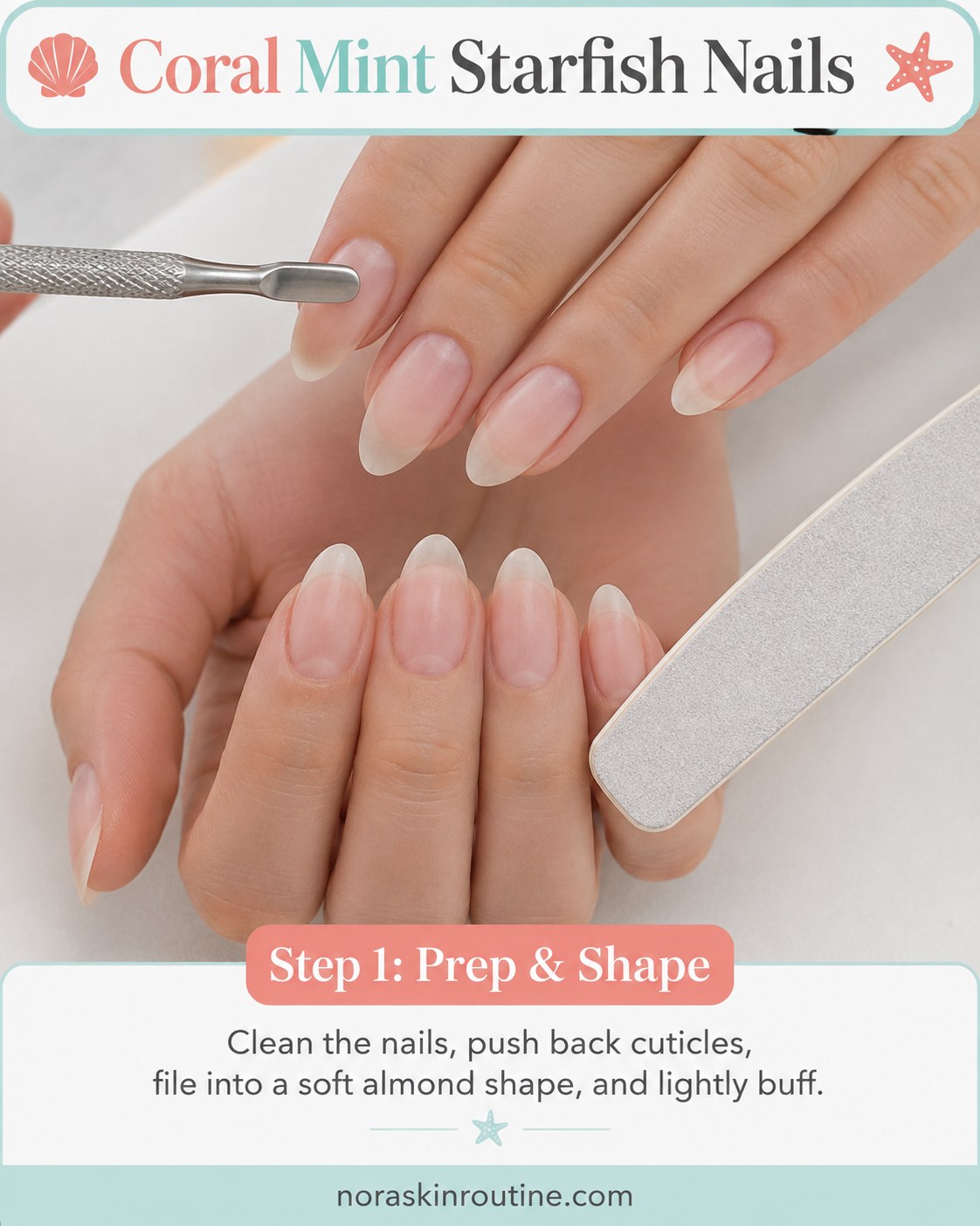 Shaping almond nails with a cuticle pusher and file before starting coral mint starfish nails