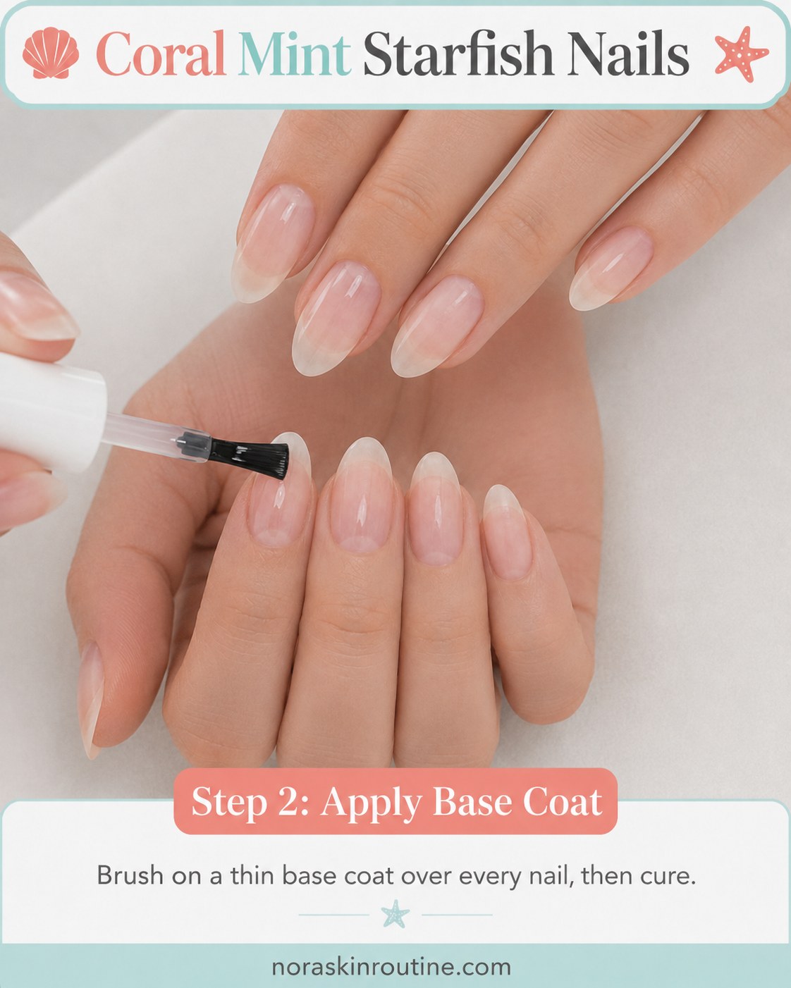Brushing a thin cured base coat over bare nails to prepare for coral mint starfish nails design
