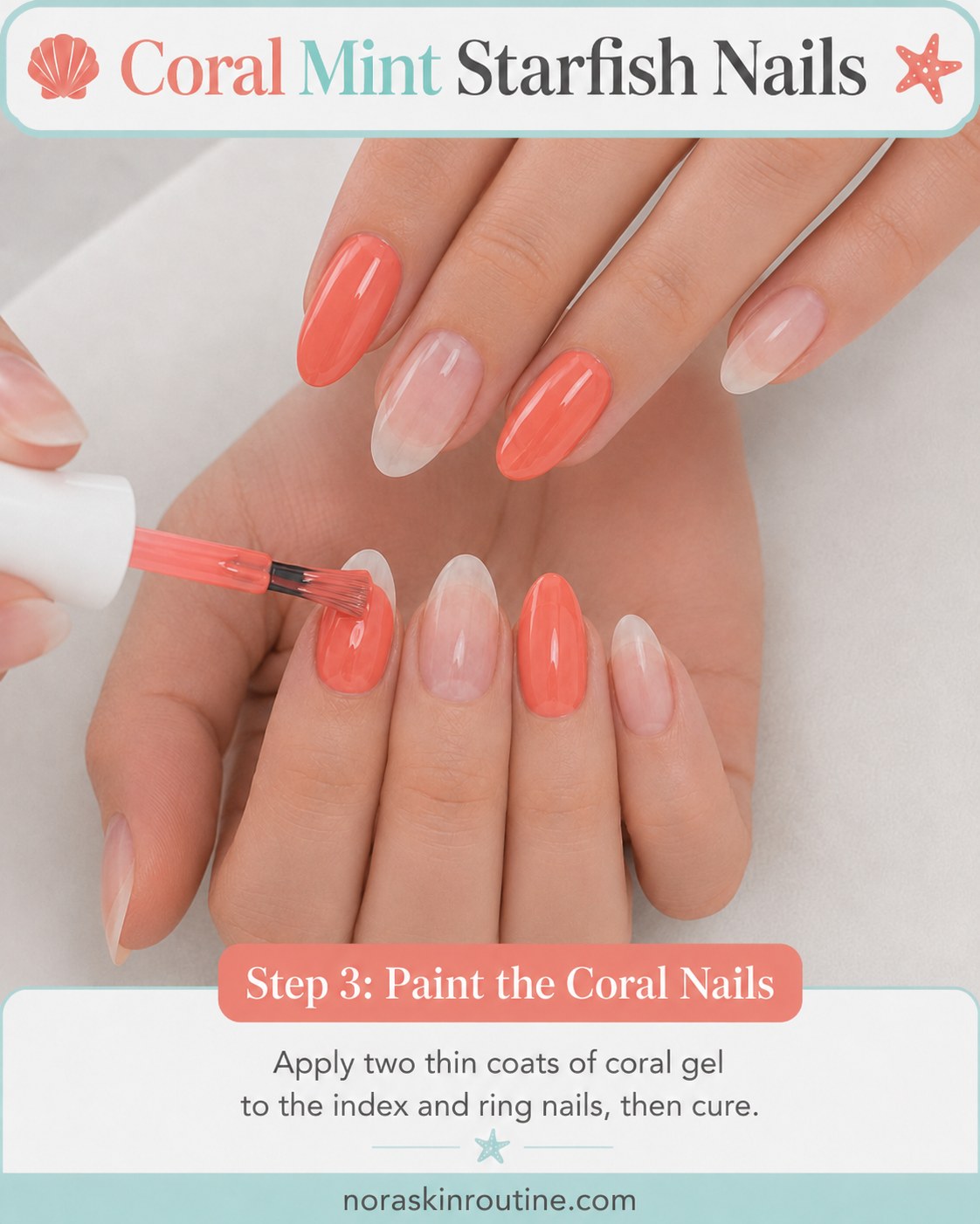 Applying two thin coats of coral gel polish to the index and ring nails for coral mint starfish nails