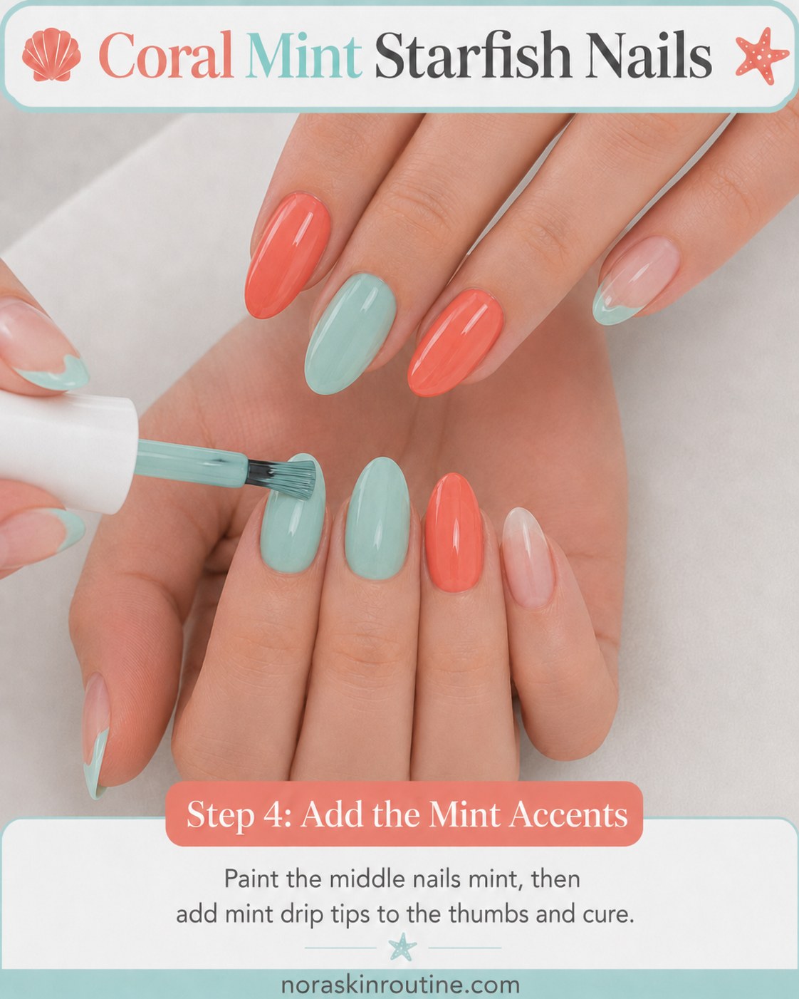 Painting mint gel on the middle nails and adding mint drip tips to the thumbs for coral mint starfish nails