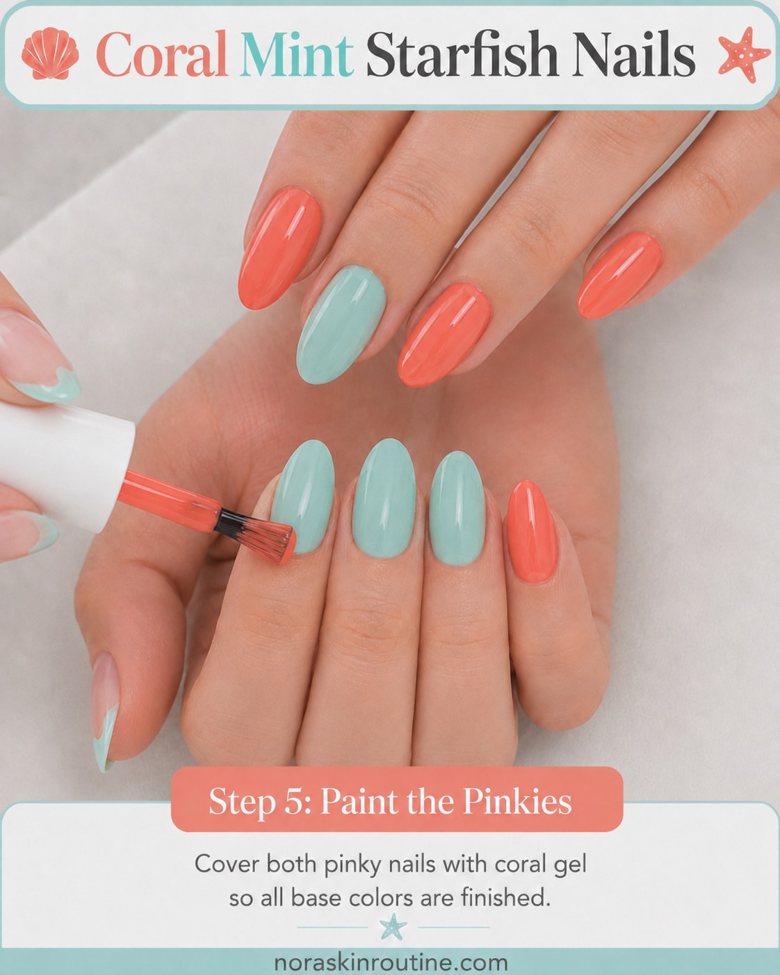 Covering both pinky nails with coral gel polish to complete the base colours on coral mint starfish nails