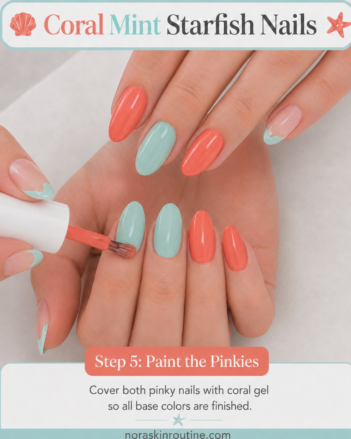 Checking opacity and evenness across coral and mint nails before the starfish detail work