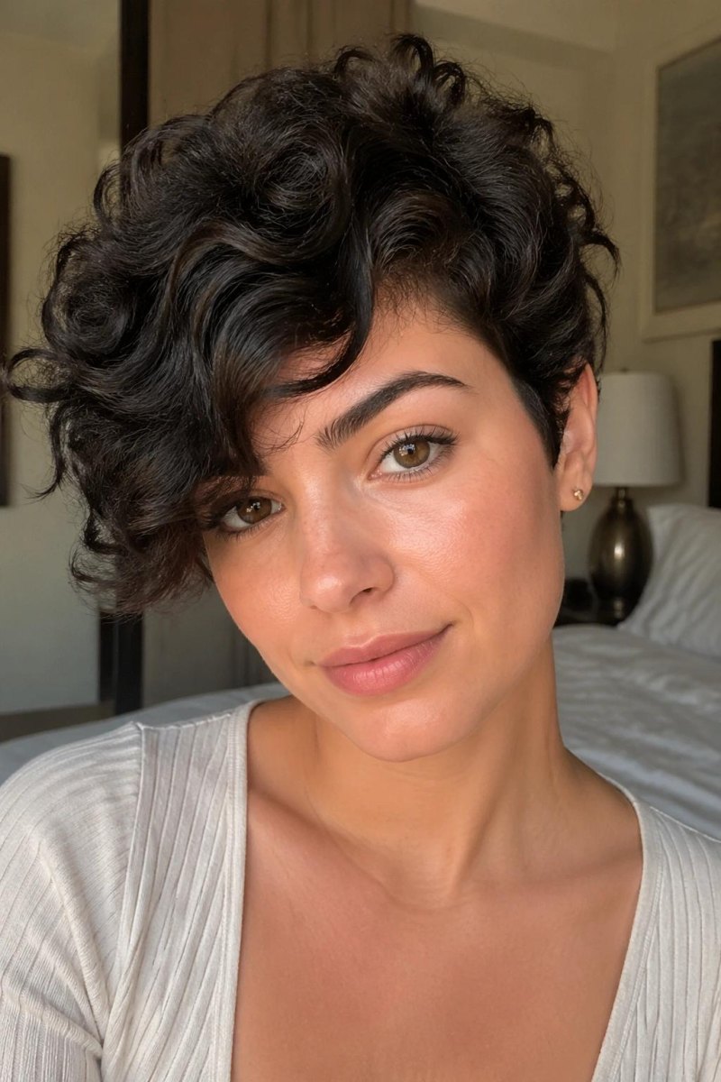 Side swept bangs curly bixie