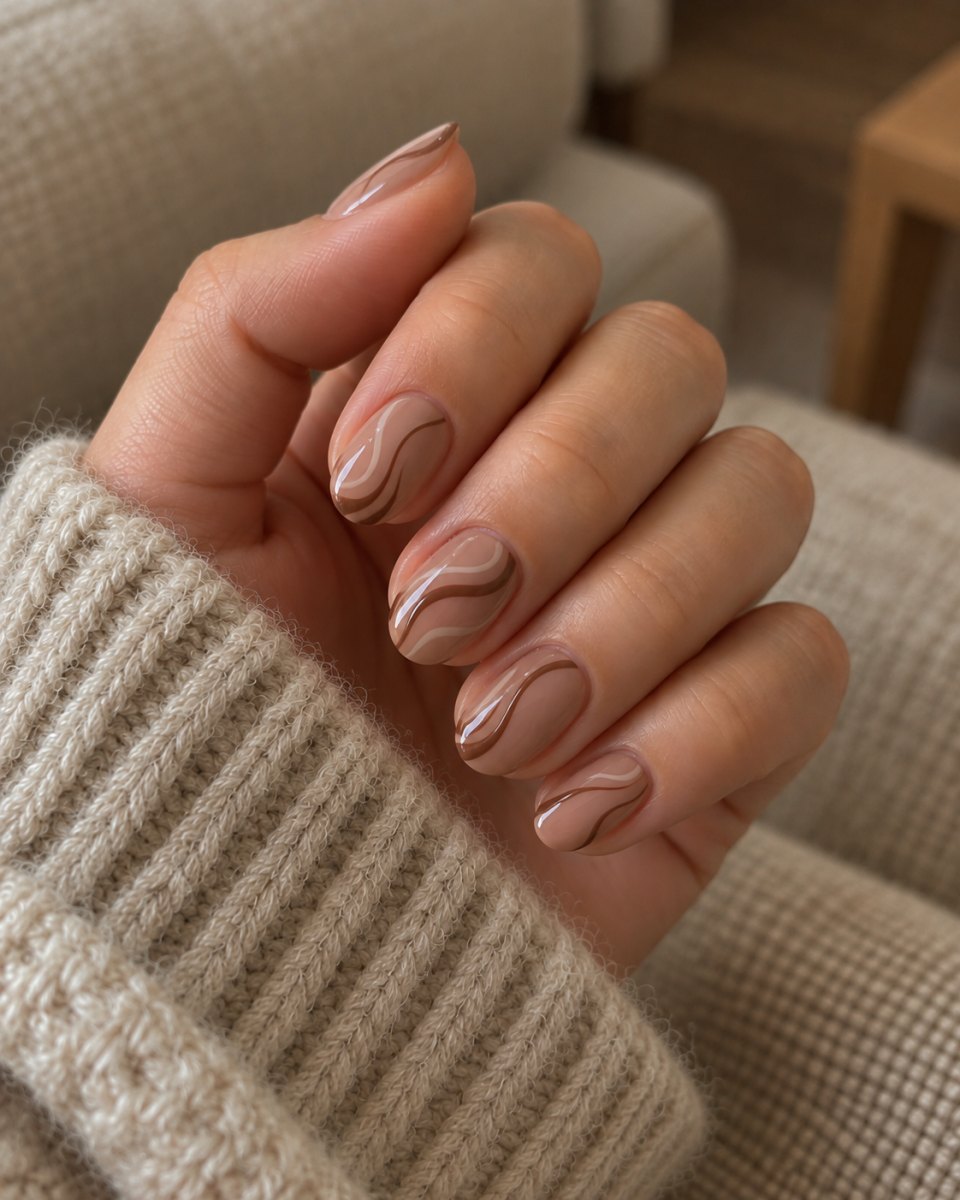Delicate cocoa swirl nails