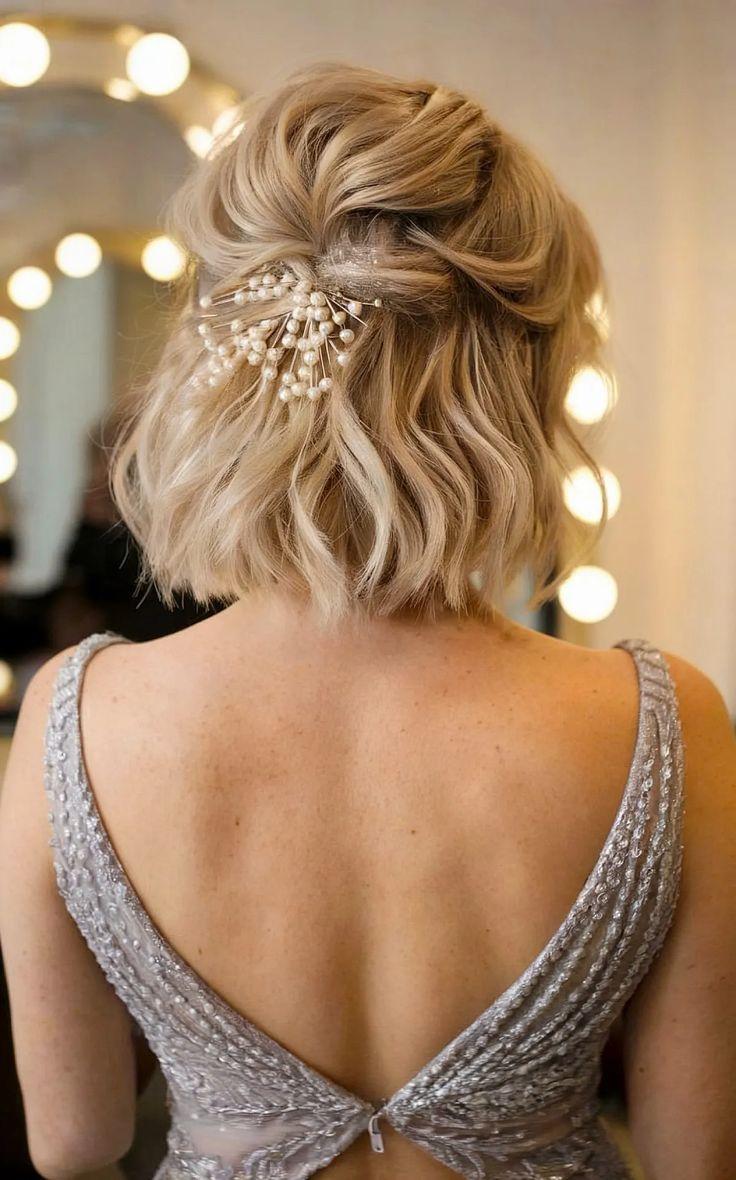 Elegant wedding half up bun short hair
