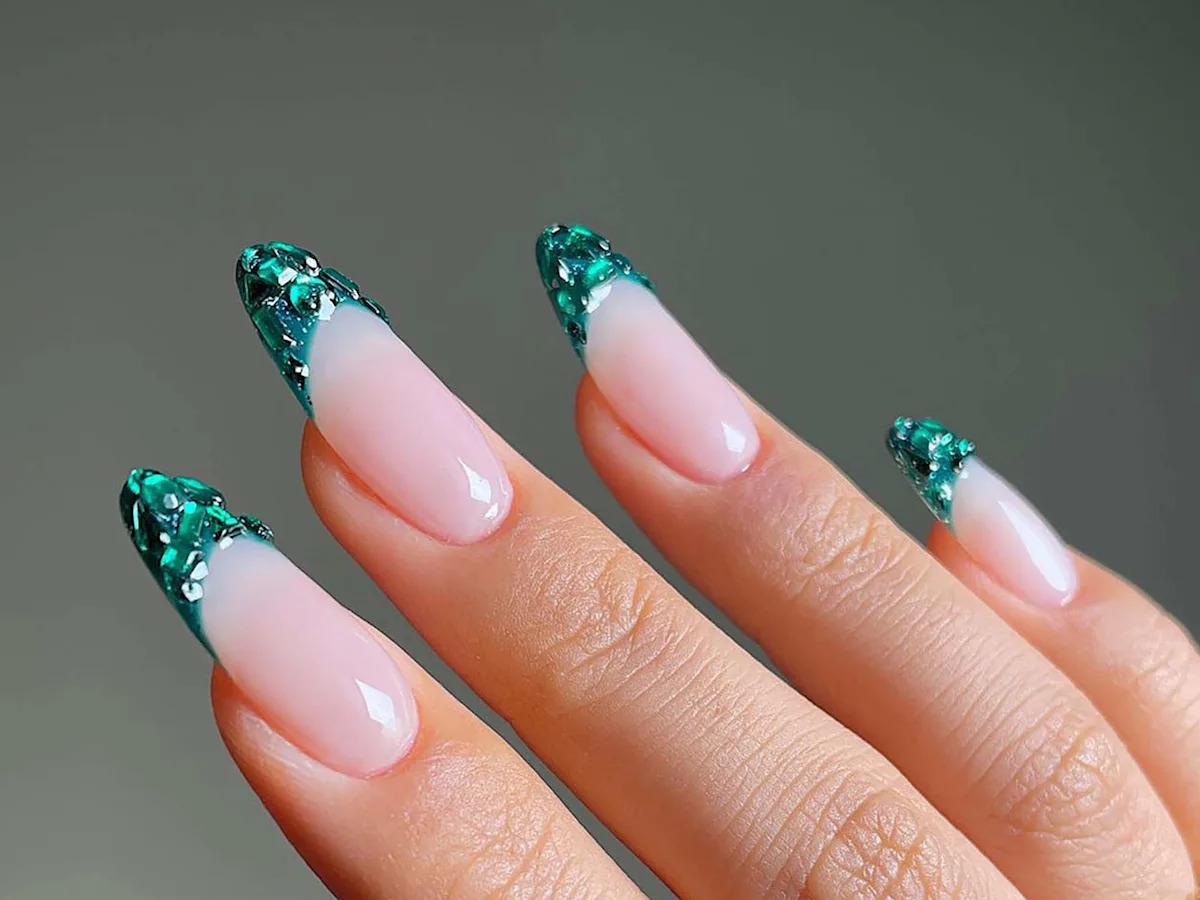 Emerald green gemstone French tips