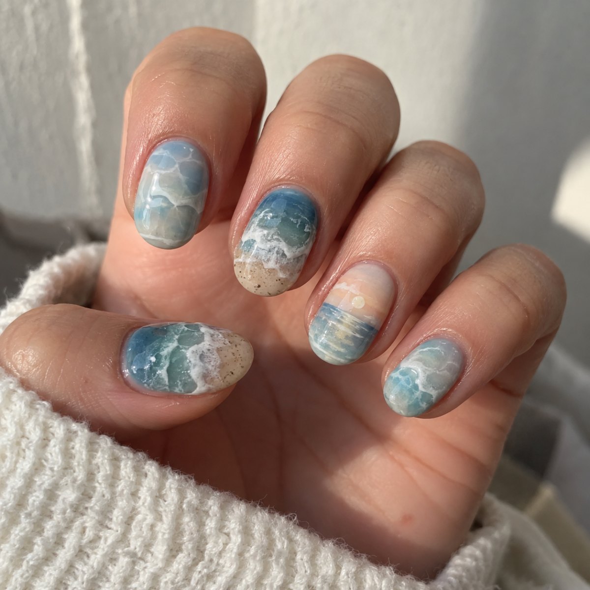 Ocean scene Fine Line nail art