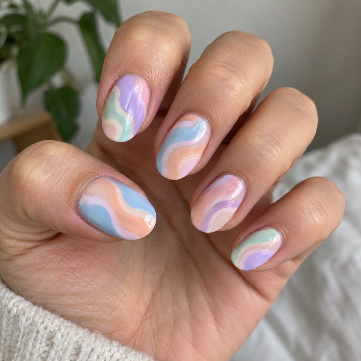 Soft pastel wave nail art design
