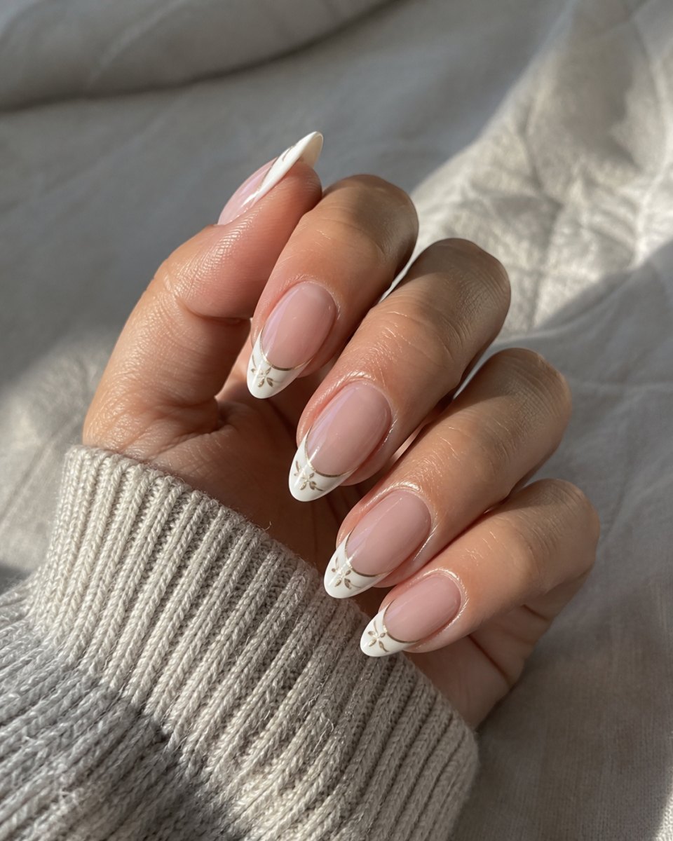 Patterned French tip almond manicure