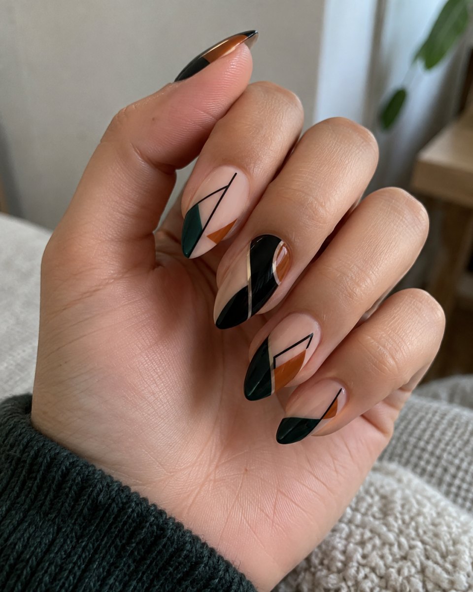 Geometric art on almond shaped nails