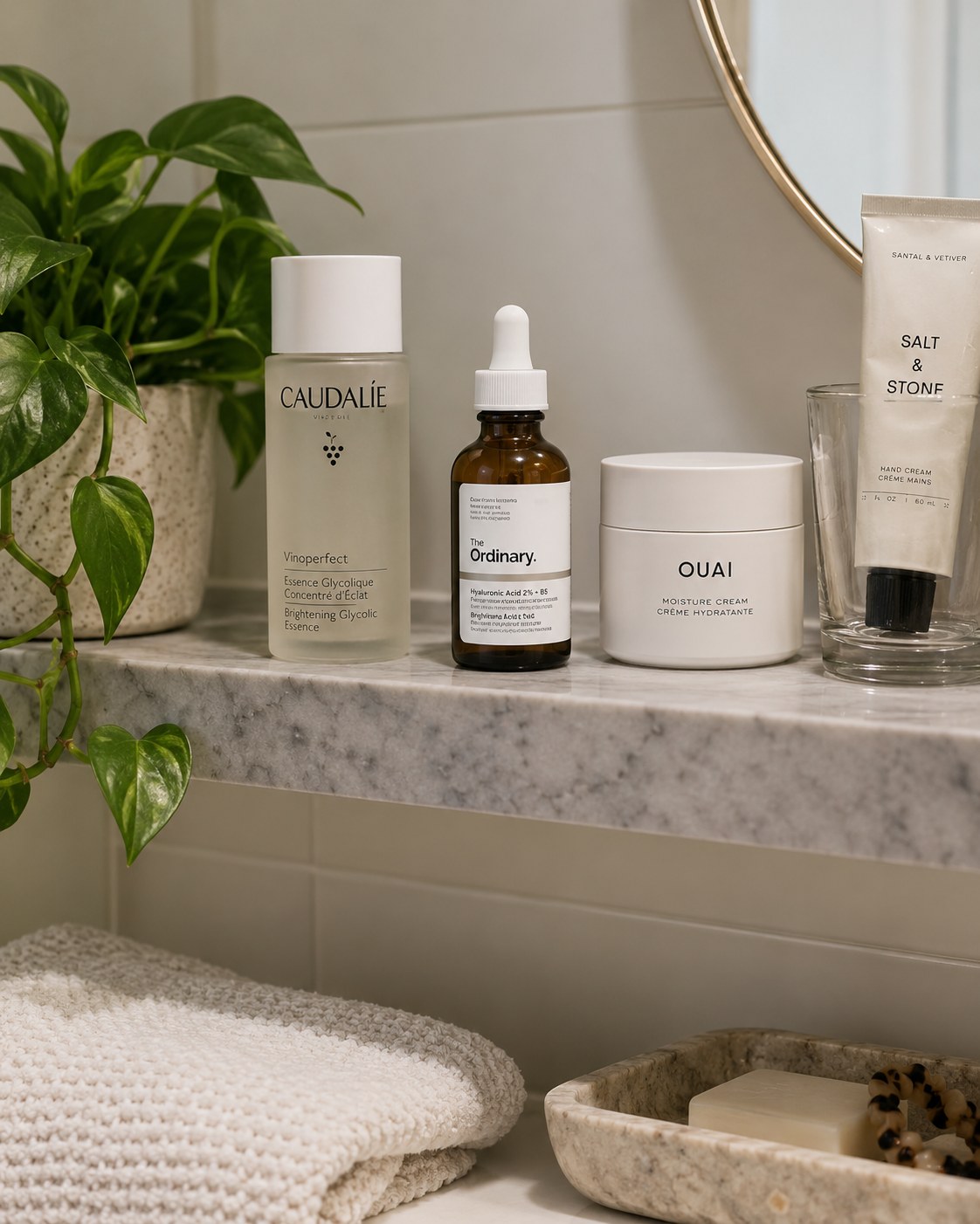 Simple organized skincare shelf