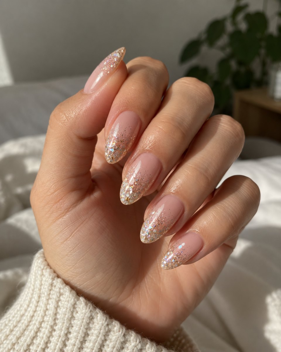 Glitter gradient almond manicure