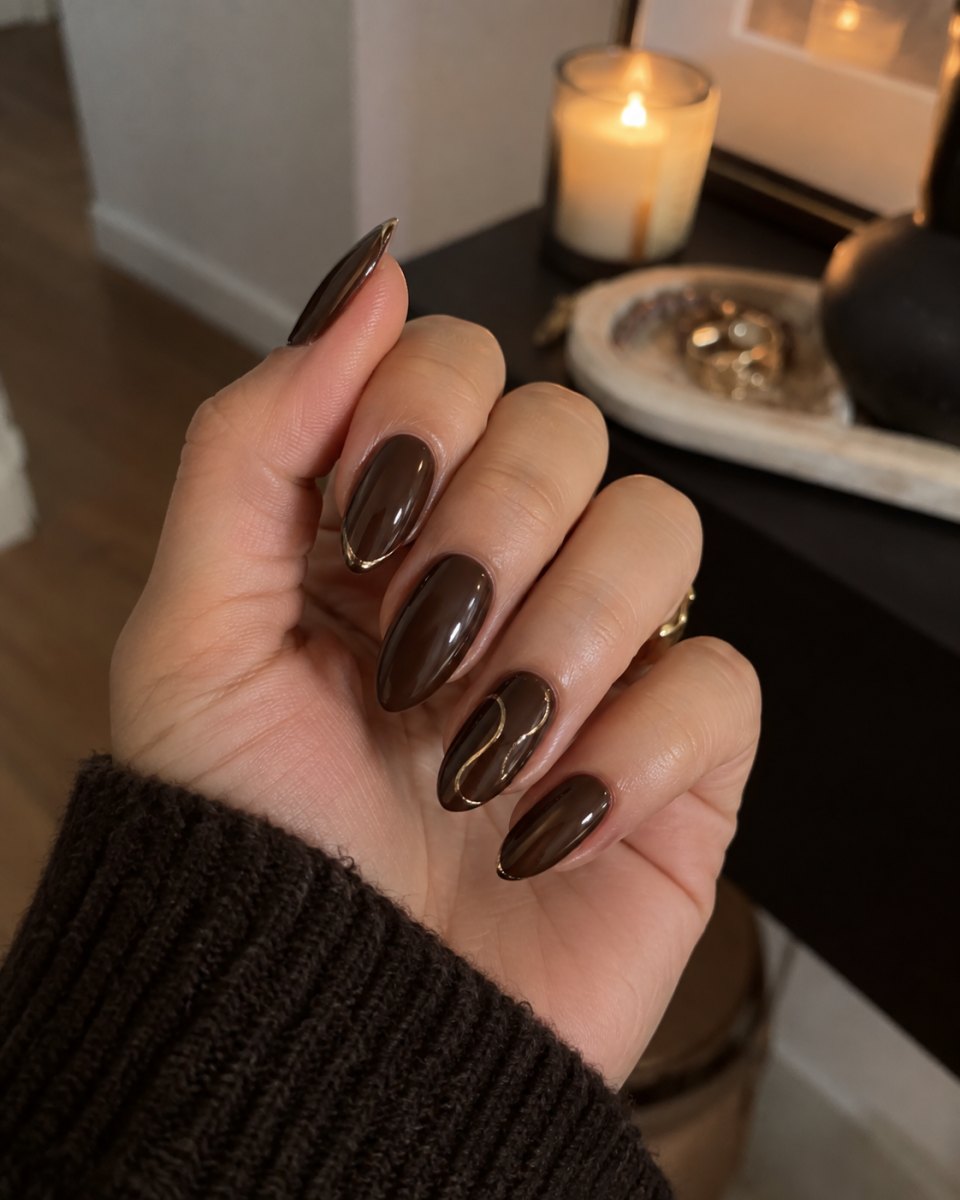 Glossy caramel brown nails