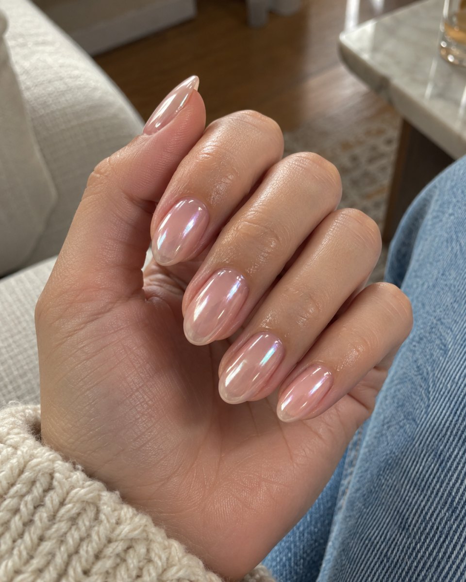 Neutral beige Hailey Bieber glazed donut french tips nails