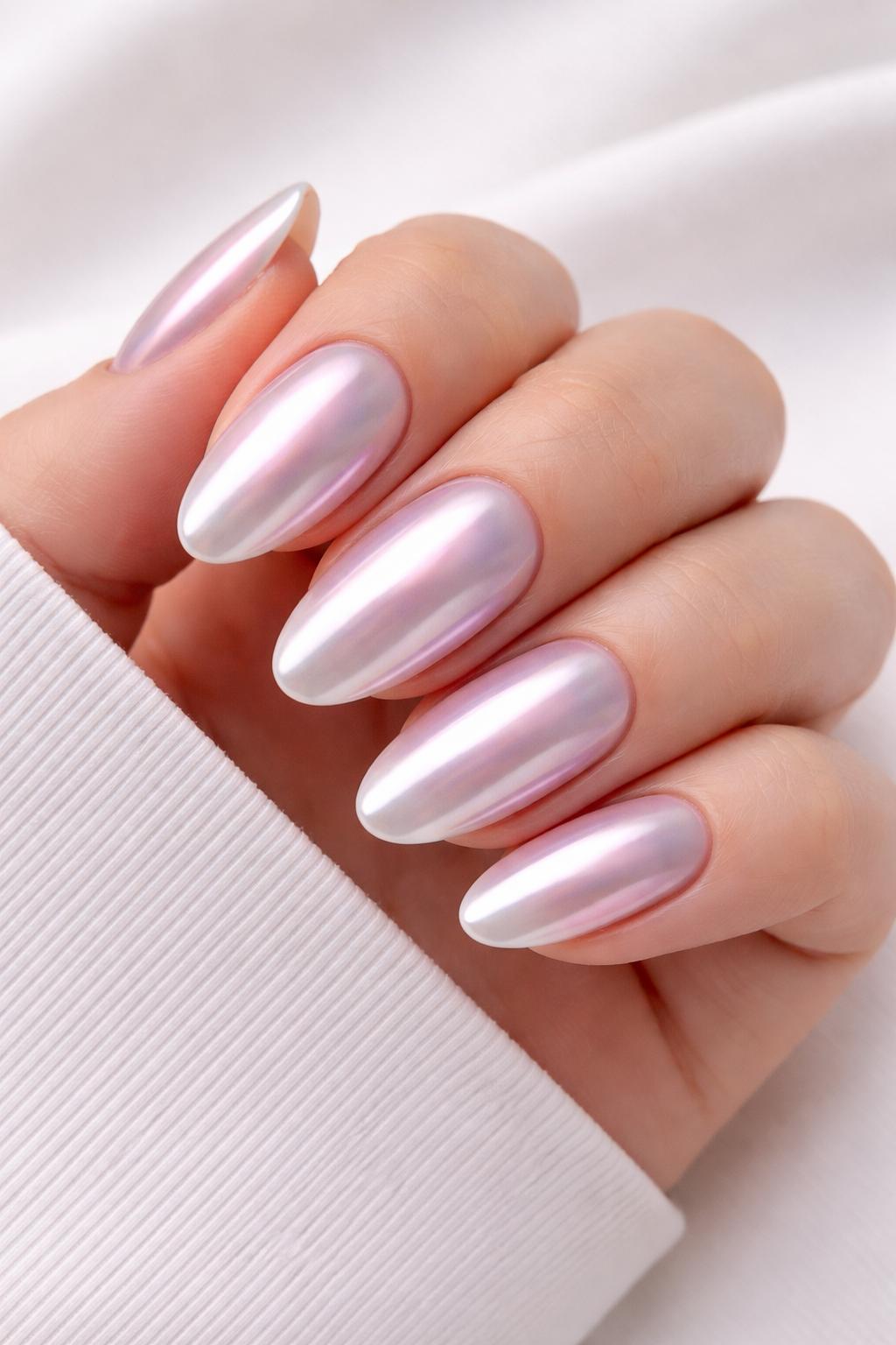 Pearlescent pink chrome manicure