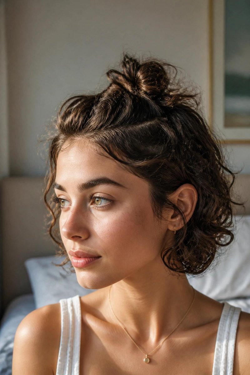 Curly short hair half up bun