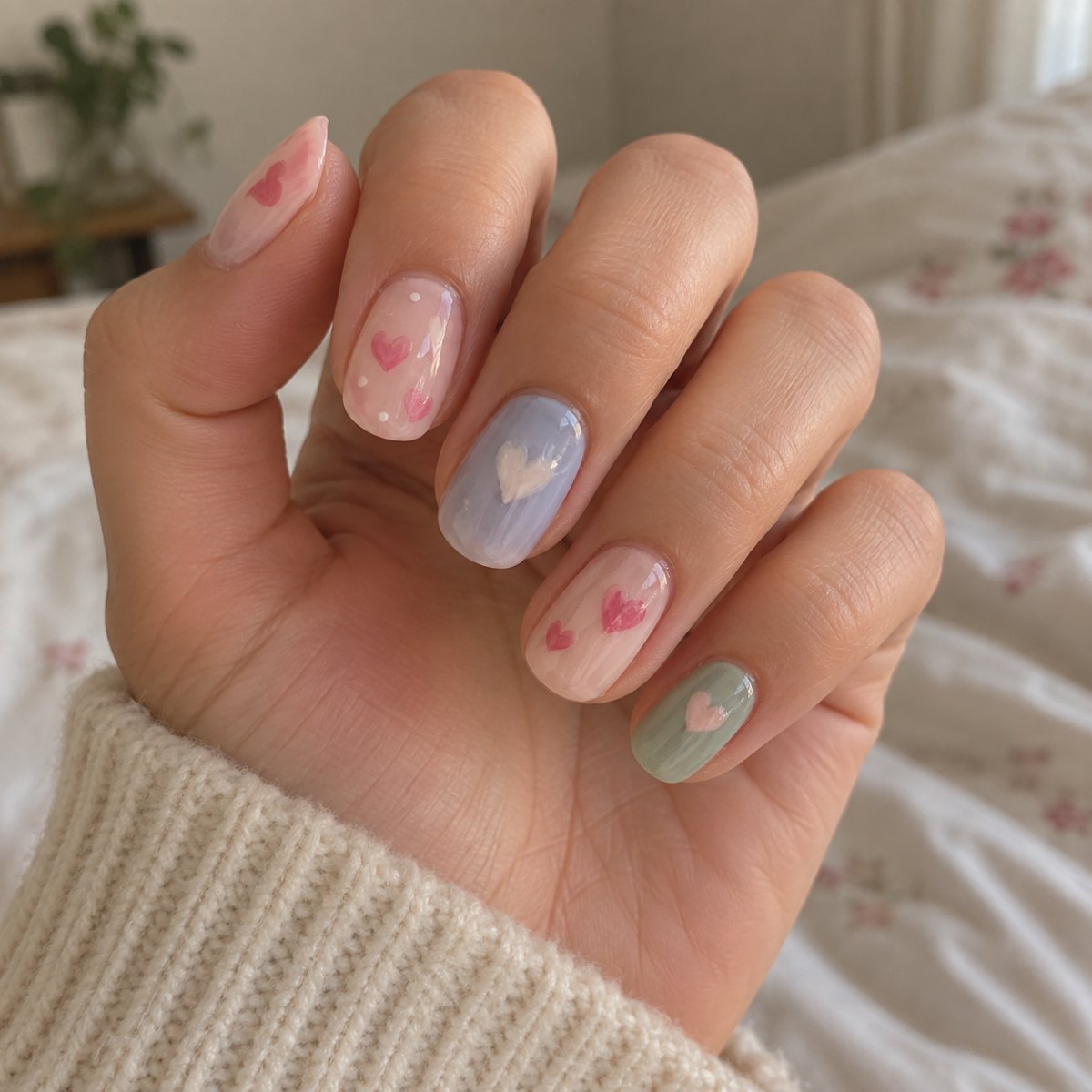 Painted heart pastel nail art