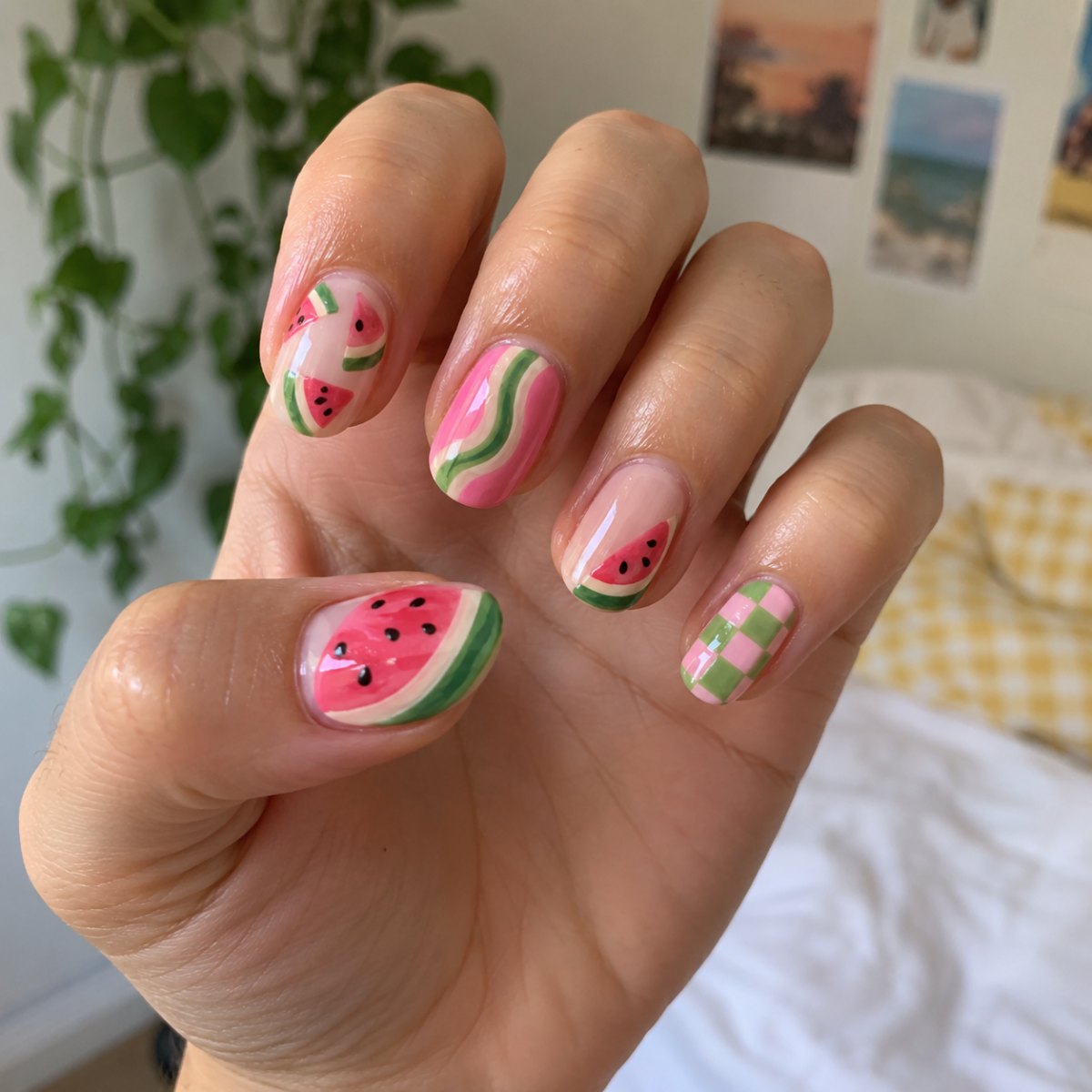Watermelon Sugar inspired colorful nails