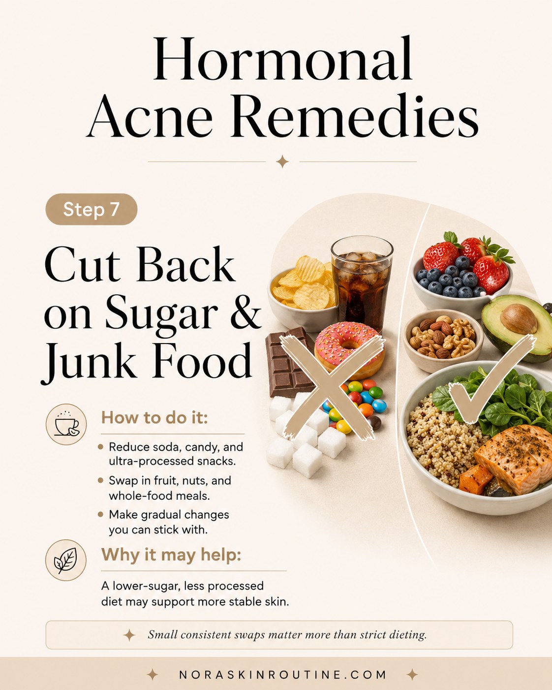 Side-by-side sugary snacks and whole foods illustrating a diet swap among hormonal acne remedies