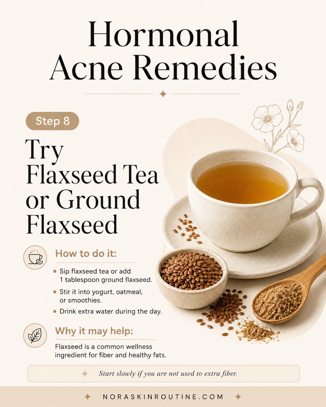 Cup of flaxseed tea with ground flaxseed and spoon shown as a fiber-rich hormonal acne remedy