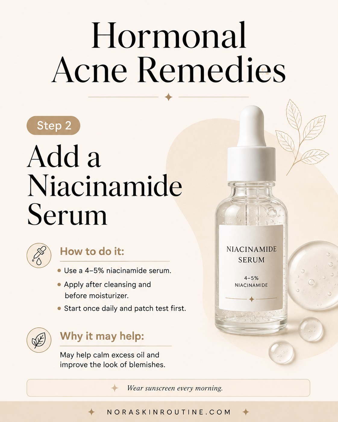 Dropper bottle of niacinamide serum used as a hormonal acne remedy for oil and blemishes