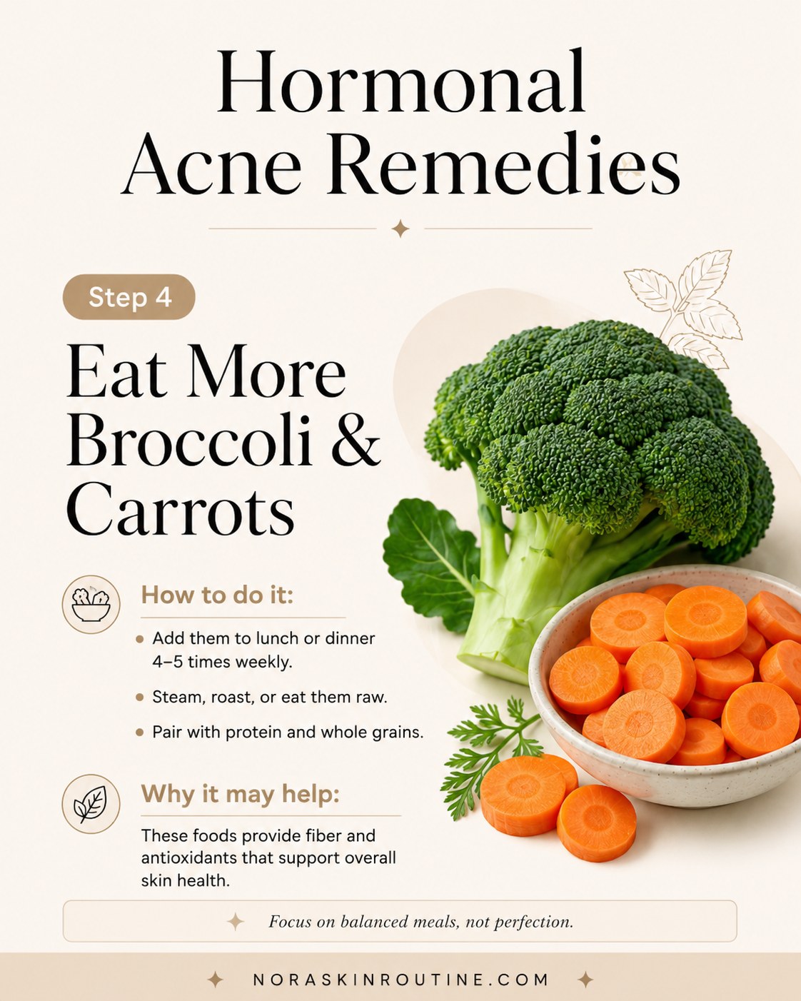 Bowl of broccoli and carrots representing a food-based approach among hormonal acne remedies