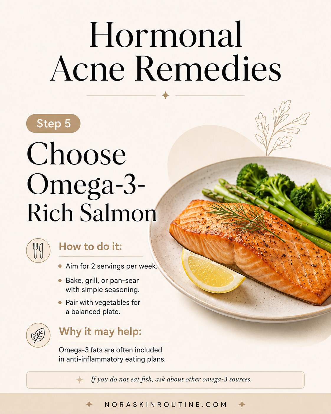 Plate of omega-3-rich salmon with vegetables as part of an anti-inflammatory hormonal acne remedy