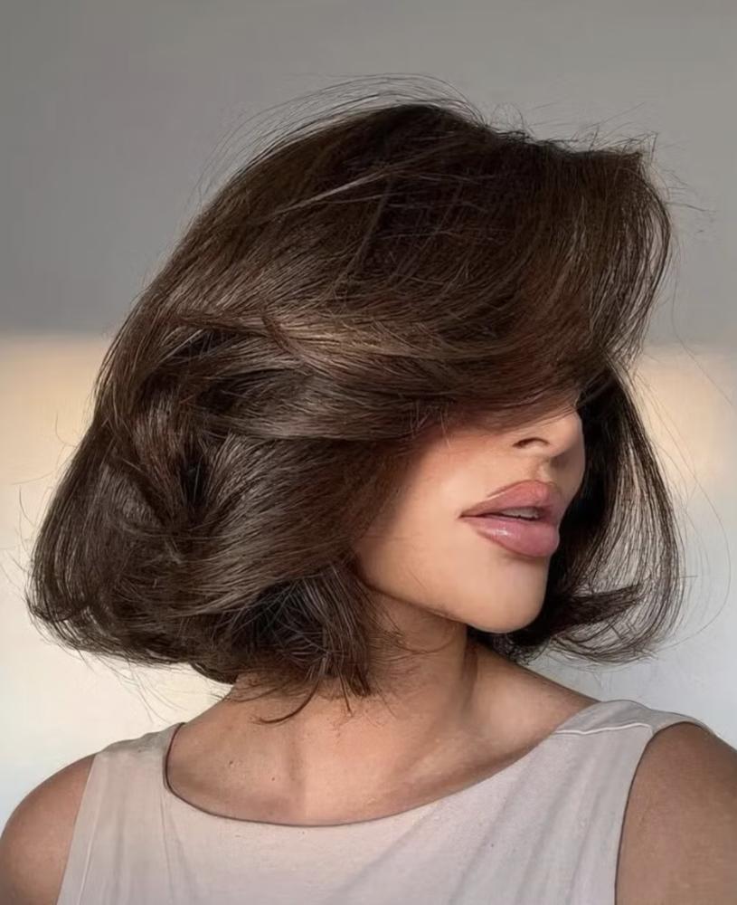 Medium brunette layered blowout haircut with soft framing