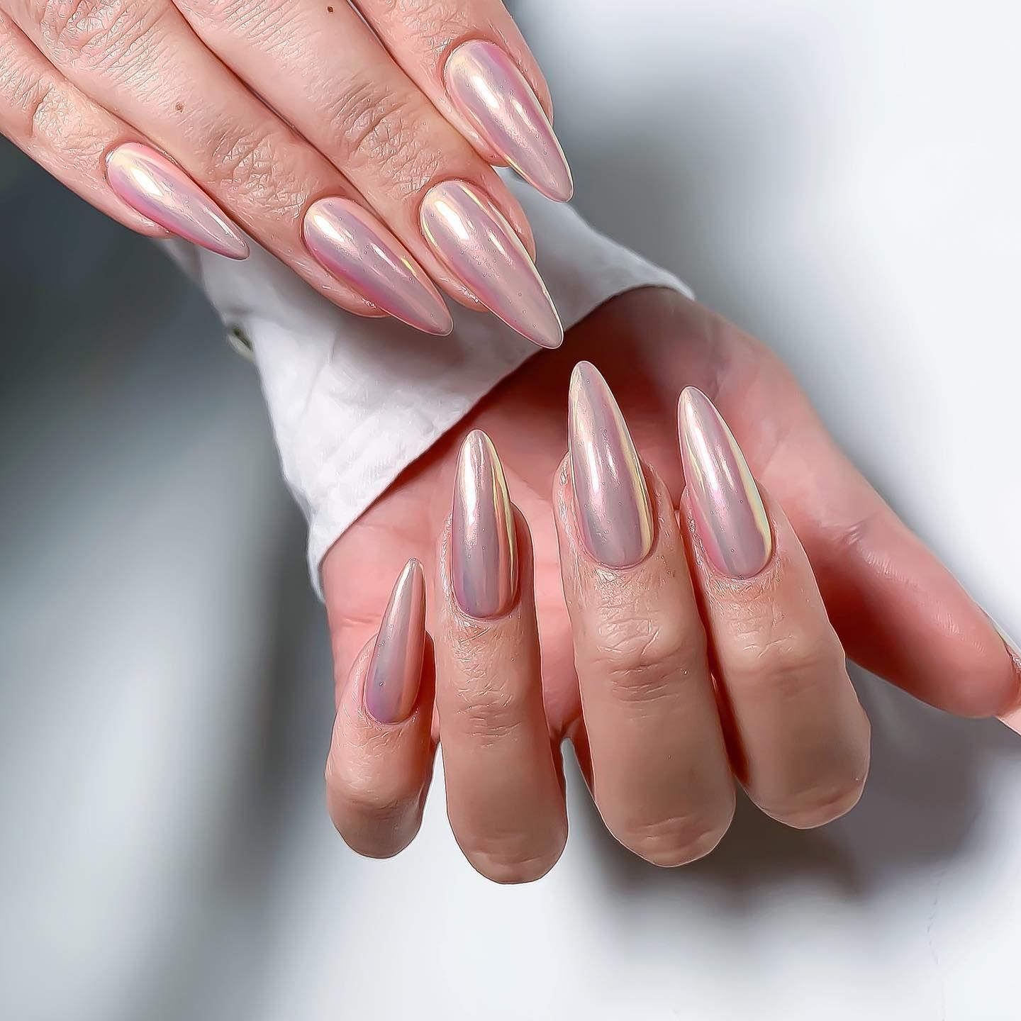 Long almond pink chrome nails