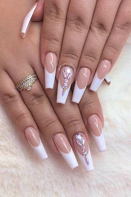 Long coffin gemstone French tips