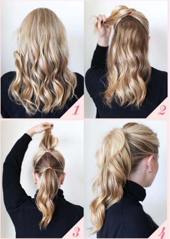 Stacked hair ties creating longer ponytail illusion