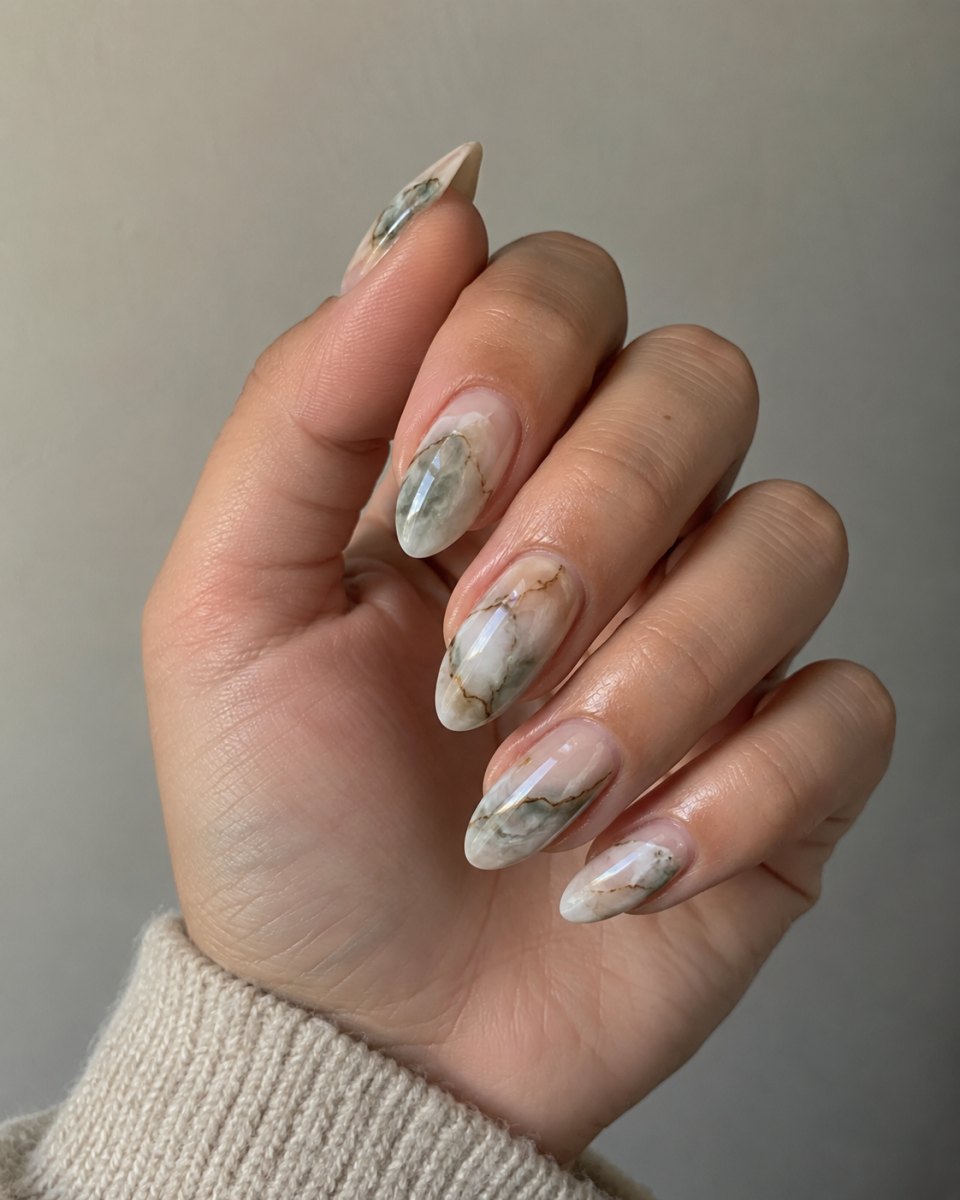 Marble effect almond nail design