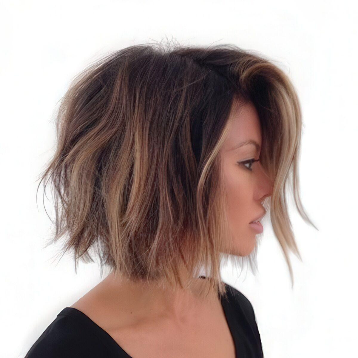 Messy brown bob with beachy highlights