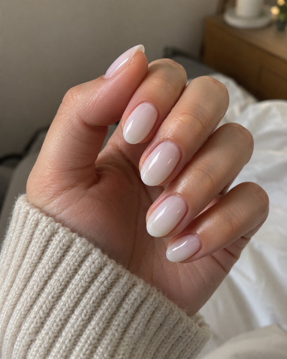 Milky white Hailey Bieber glazed donut french tips finish
