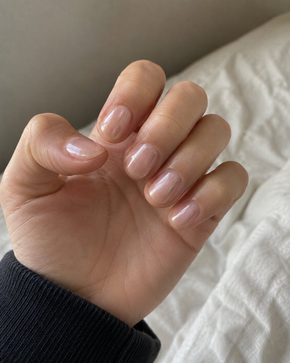 Short natural Hailey Bieber glazed donut french tips nails